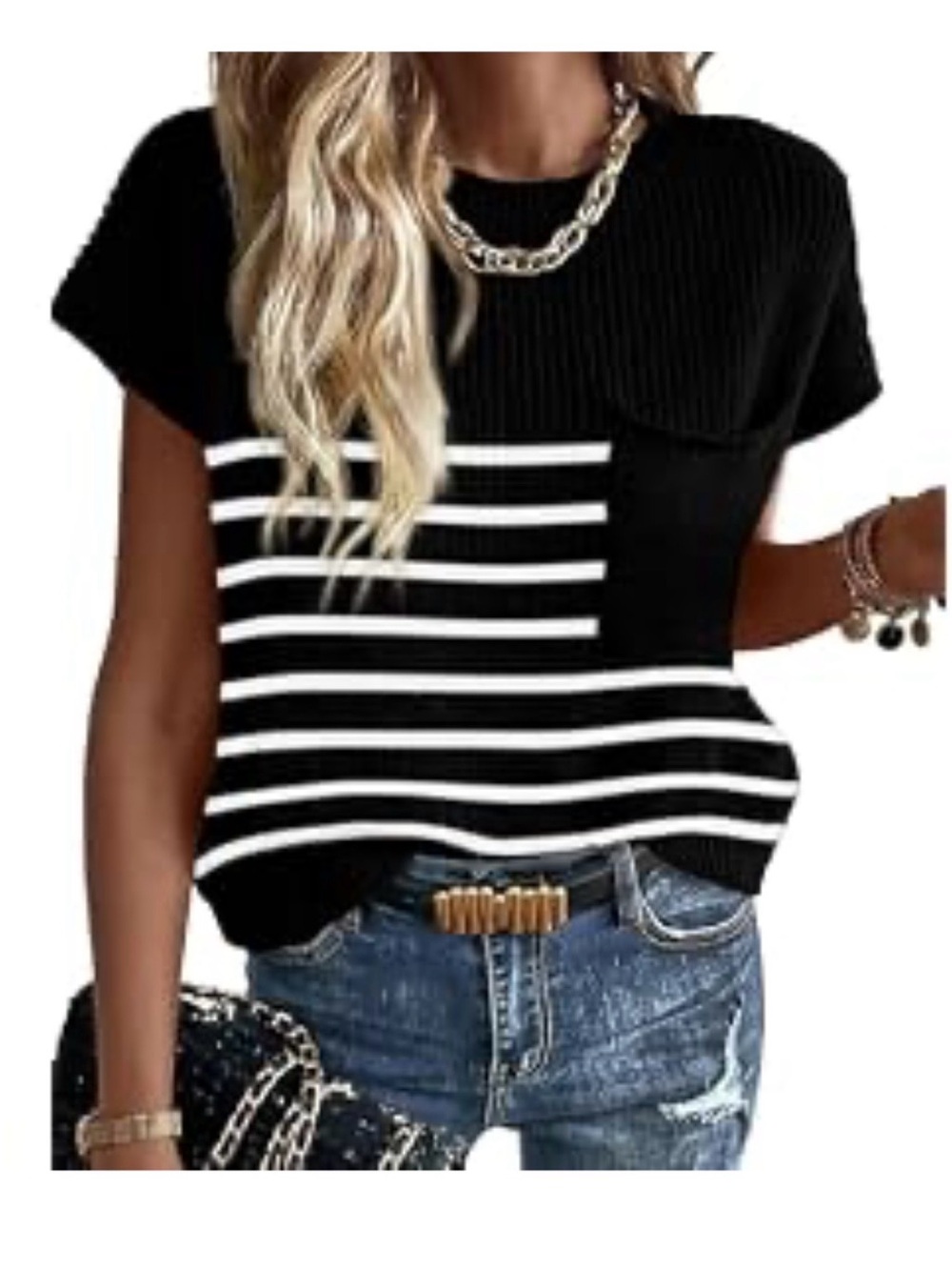 Women's Black & White Striped Short Sleeve Knit Top